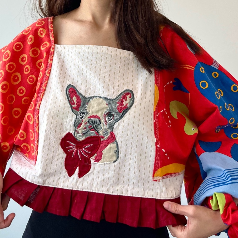 Handmade French Bulldog Bow Puff Sleeve Top with Matching Scrunchies SKU 09213 - Picture 7 of 16